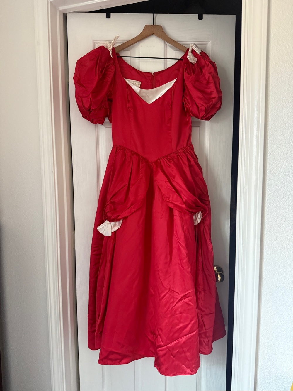 VTG 80s Gunne Sax Jessica McClintock Red Satin Puff Sleeve Princess Prom Dress